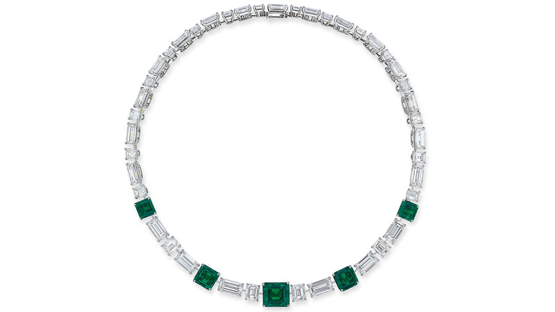 This necklace featuring Colombian emeralds—rectangular and square-cut stones weighing between 6.03 and 2.06 carats—and rectangular-cut diamonds went for $2.1 million.