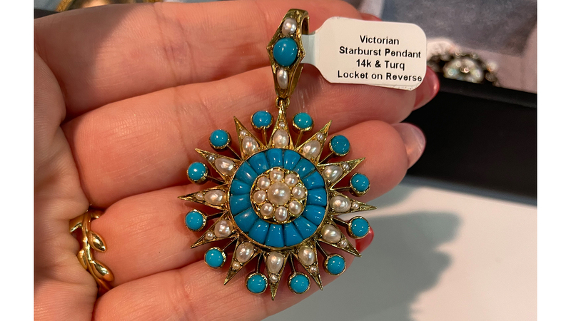 A late Victorian turquoise and pearl starburst in 14-karat gold