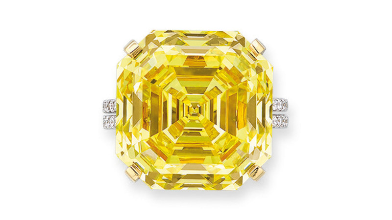 A 31.17-carat fancy vivid yellow square emerald-cut diamond ring with circular-cut diamond accents garnered $2.2 million.
