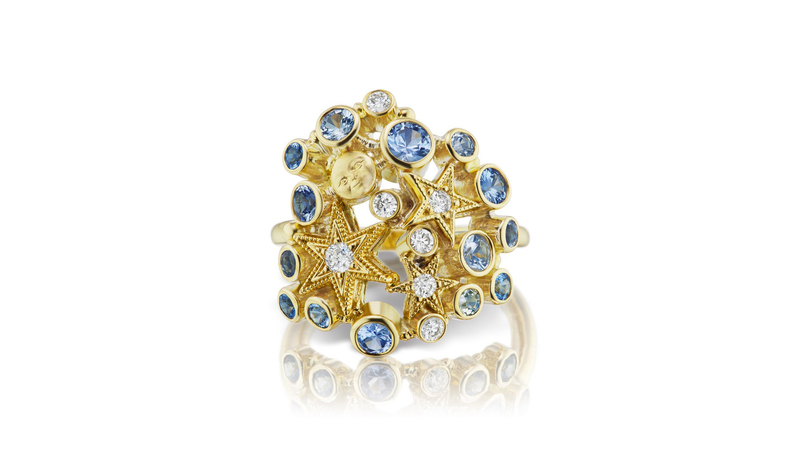 <a href="https://anthonylent.com/products/exploding-sapphire-star-ring" target="_blank">Anthony Lent</a> 18-karat gold “Exploding” sapphire star ring