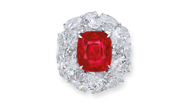 This ring centered on an antique cushion-shaped Burmese ruby weighing 6.04 carats and pear- and circular-cut diamonds garnered $1.8 million.