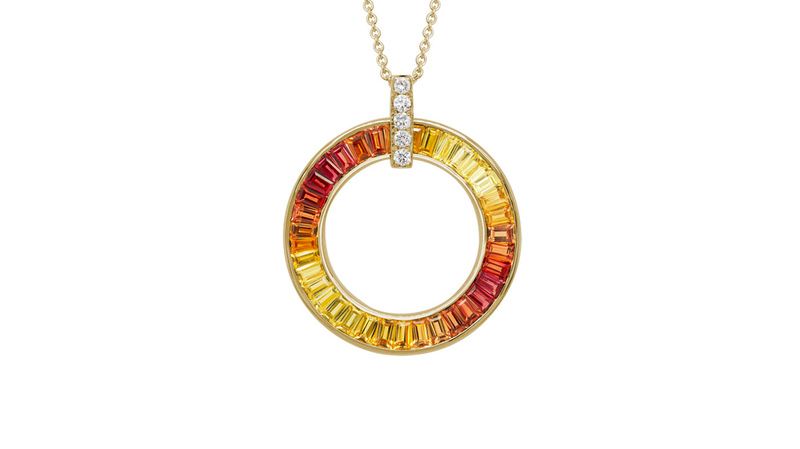 <a href="https://www.artistrylimited.com/" target="_blank">Artistry Ltd.</a>  14-karat yellow gold movable pendant with yellow, orange, and red baguette sapphires and a diamond bail ($4,005)