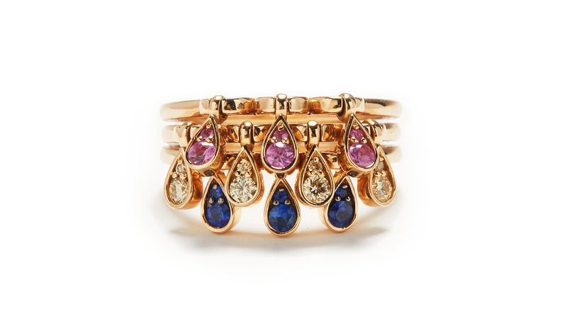 <a href="https://www.zarig.com/" target="_blank">Zarig</a> “Tutti Frutti Dewdrop” ring with pink sapphires, blue sapphires and yellow diamonds set in 18-karat yellow gold ($3,450)