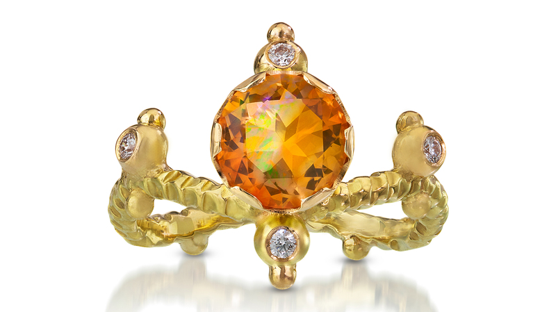 The “Castle in the Sky” ring from the Tiara collection, featuring a Mexican fire opal and diamonds set in an 18-karat gold band carved with the brand’s signature “dragon scale” texture ($3,125)