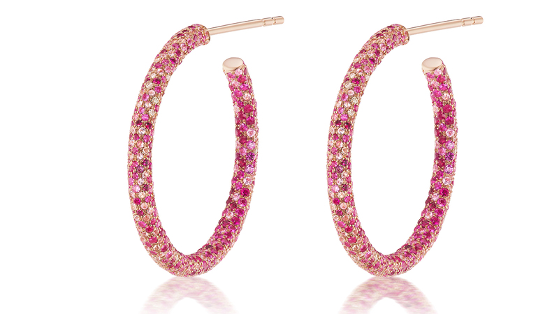 <a href="https://brionyraymond.com/" target="_blank">Briony Raymond</a> 18-karat rose gold “Scatter” hoops with pink sapphire, rubies and diamonds ($14,500)