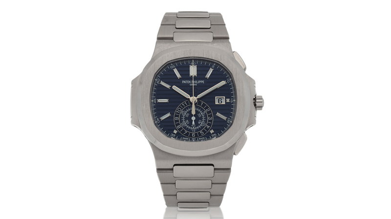 A circa 2016 Patek Philippe “40th Anniversary” Nautilus Ref. 5976/1G-001, a white gold flyback chronograph wristwatch with date and bracelet, went for about $627,200.