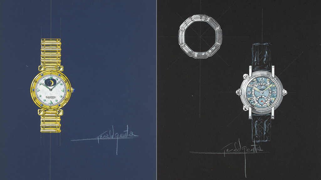 At left, one of Genta’s early designs for the Pasha, which was never presented to Cartier for production (Geneva, February 2022). At right, the Grande Sonnerie World Time Repetition Montres Tourbillon Minutes (Hong Kong, March 2022).