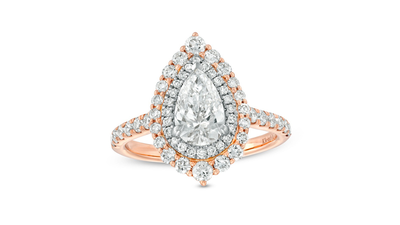 The rings are available in 18-karat yellow and rose gold and platinum. This is an 18-karat rose gold pear-shaped lab-grown diamond engagement ring (2 carats total) ($6,669).
