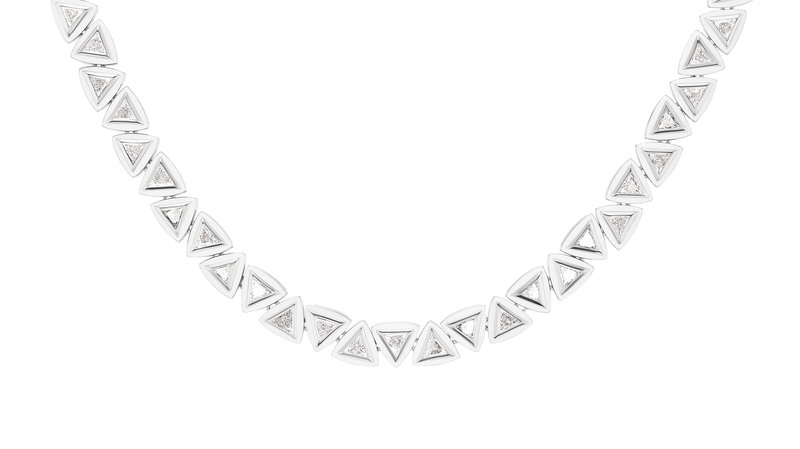 The “Trillion Tennis Necklace” features 6.5 carats of diamonds, 18-karat white gold and white enamel.