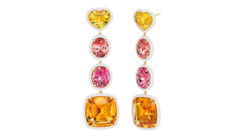 The “Aurora Earrings” showcase 26.28 carats of palm citrine, 13.07 carats of tourmaline and 7.1 carats of yellow beryl in 18-karat gold.