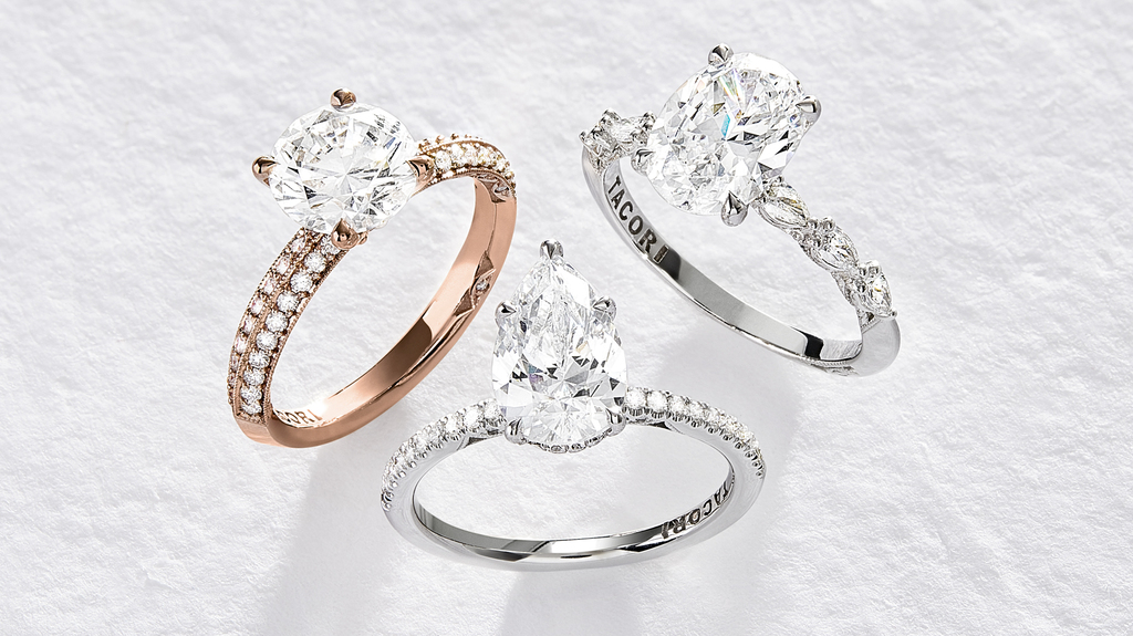 Counterclockwise from left: a knife-edge diamond engagement ring, a diamond solitaire with diamond pave on the shank, and an engagement ring with pear-shaped diamond side stones