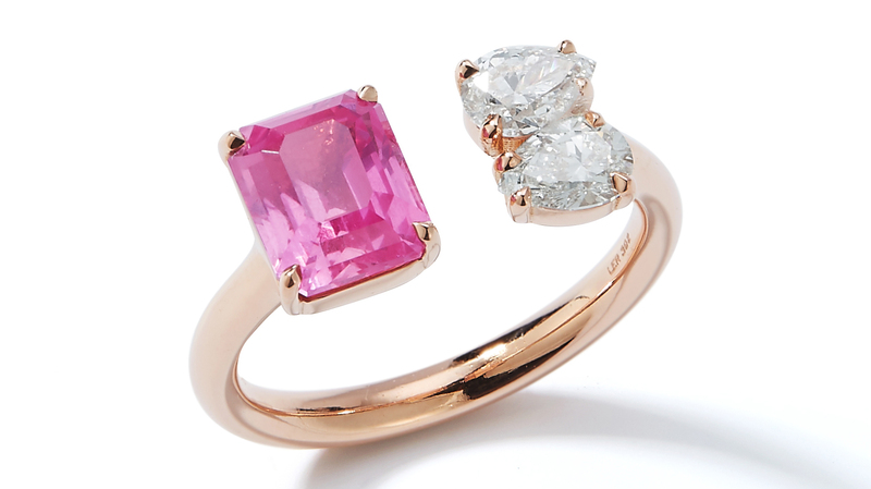 Over the years, Jemma Wynne has begun incorporating three stones into variations of the style, often for custom projects. Here is a pink sapphire, white diamond, and 18-karat rose gold version.