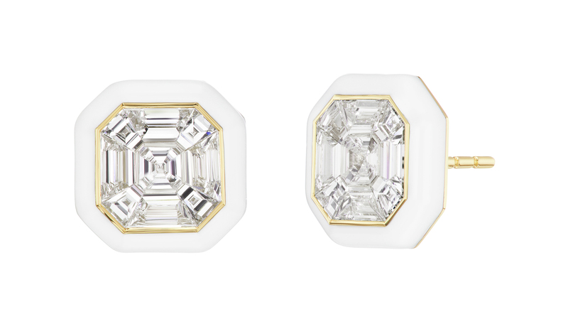 <a href="https://emilypwheeler.com/"> Emily P. Wheeler</a> 18-karat yellow gold “Puzzle Studs” with diamonds and enamel ($18,000)