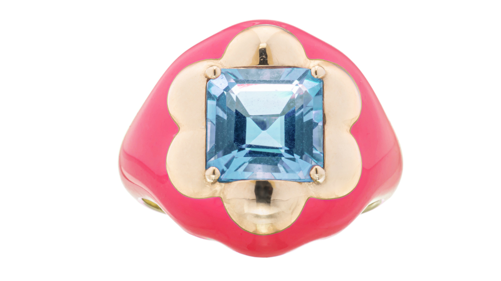 Bea Bongiasca 9-karat gold ring with blue topaz and enamel (price upon request)