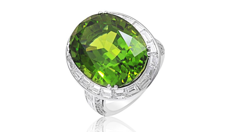 <a href="https://www.picchiotti.it/en/product/1191/" target="_blank"> Picchiotti</a> cocktail ring featuring a 25.06-carat peridot set in platinum with baguette and round diamonds ($67,000)