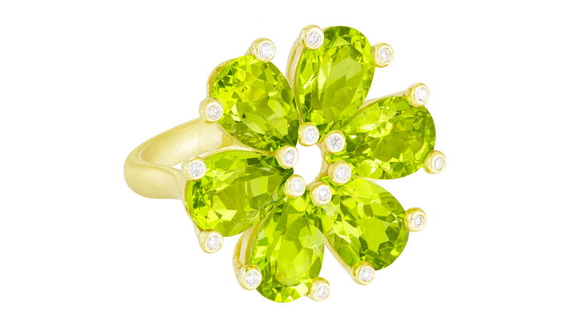 <a href="https://www.suzylandanewyork.com/" target="_blank"> Suzy Landa</a> 18-karat yellow gold flower ring with peridot and diamonds ($6,820)