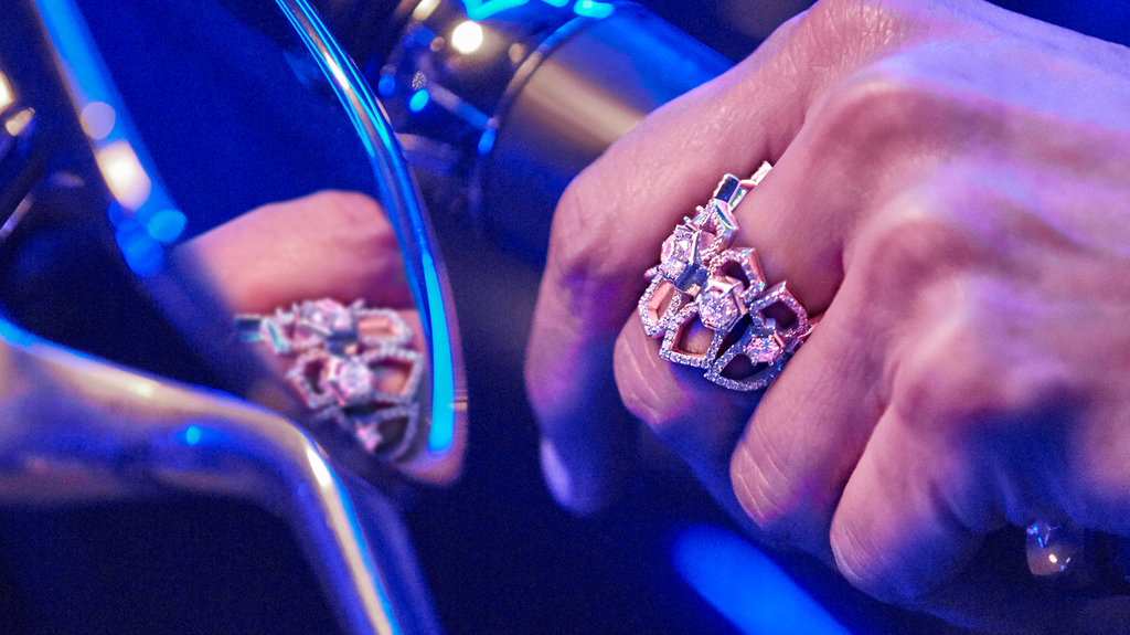 In regular light, the diamonds in the Luminous Diamonds collection look like any other diamonds. It’s only in UV light that they shine blue. Here, the “Be True” ring in 18-karat white gold with seven fluorescent diamonds weighing 2.75 carats total and an additional 1.25 carats of diamonds ($22,800).