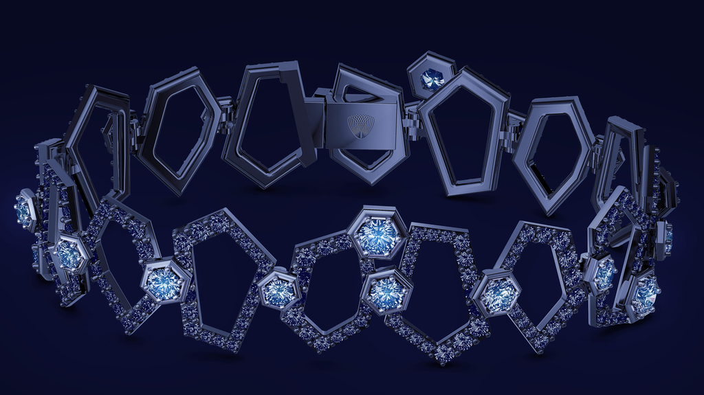 The 18-karat white gold and diamond “Inner Drive” bracelet from the “Moonlight” collection. It features 20 fluorescent stones weighing 3 carats, plus an additional 294 diamonds weighing 6 carats for 9 carats total weight ($22,000).