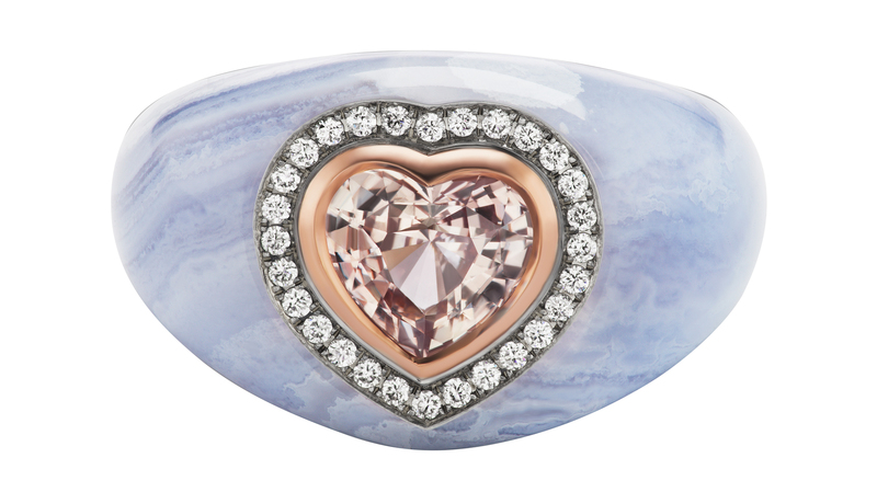 The “Chubby Ring” sees a 1.81-carat sapphire, 18-karat gold and 0.15 carats of diamonds set into blue lace agate.
