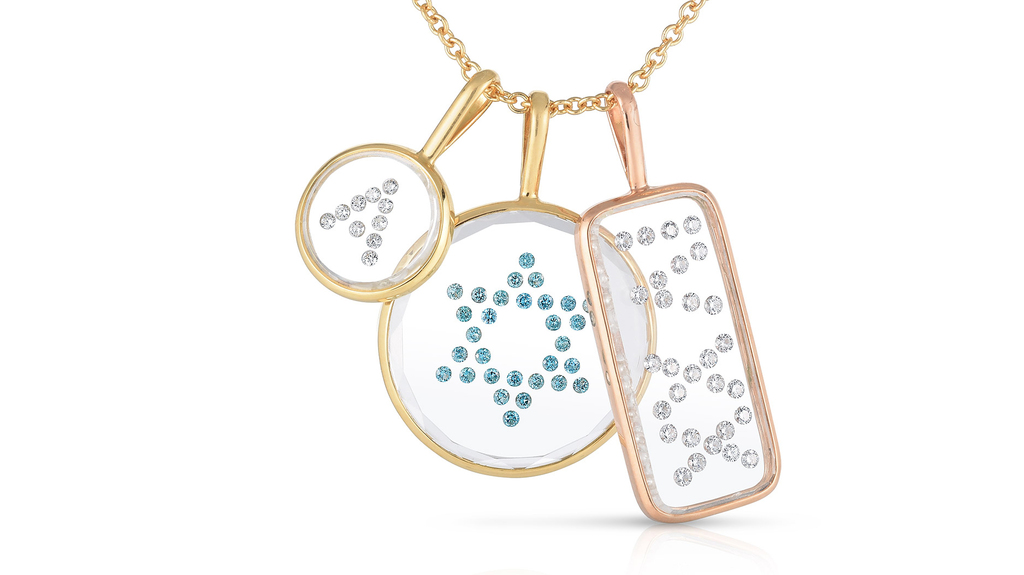 Moritz Glik 18-karat gold and white sapphire-encased white and blue diamond “Star of David” ($1,970); “Small Single Initials A-Z” ($990); and “IVXX Tag” ($1,830) pendants