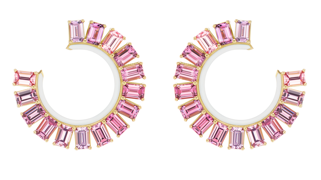 The “Unicorn Earrings” are rendered in 18-karat rose gold and feature 17.76 carats of spinel and white enamel.