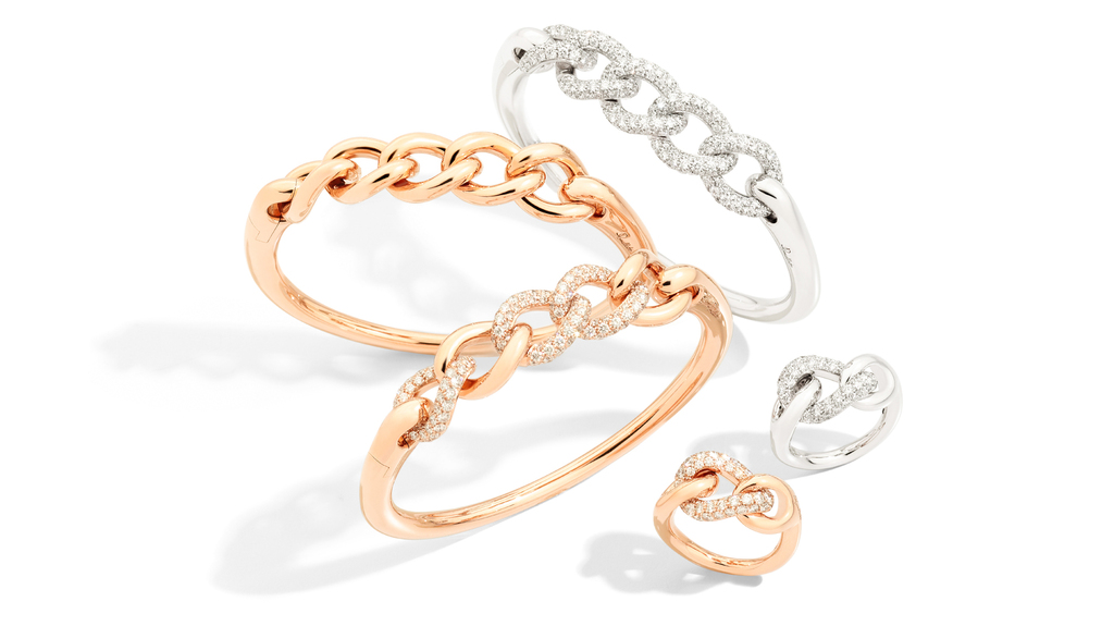 Pomellato 18-karat gold bangles and rings with diamonds ($6,850-$28,500)