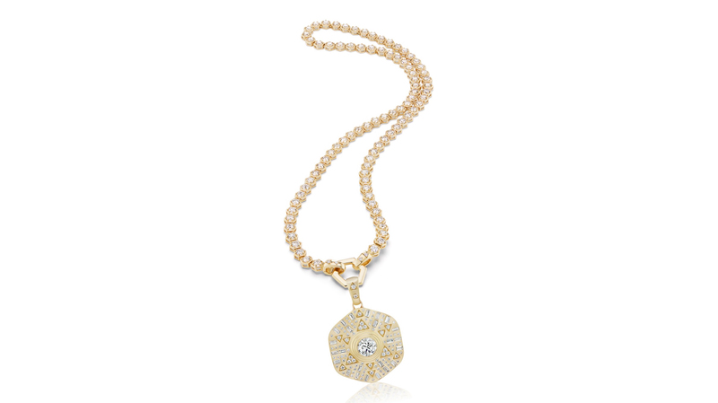 <a href="https://www.harwellgodfrey.com/" target="_blank"> Harwell Godfrey</a> 18-karat yellow gold diamond tennis necklace with Stardust pendant ($68,550)