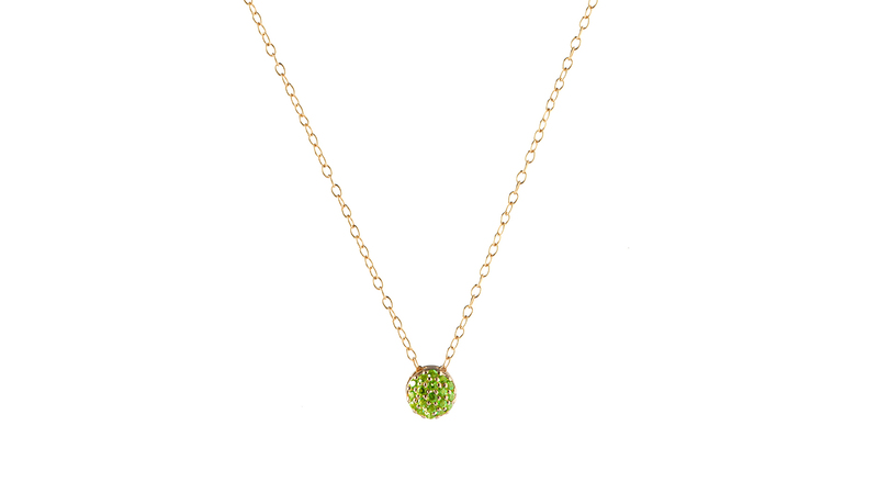 <a href="https://sandyleongjewelry.com/products/august-birthstone-dot-necklace" target="_blank"> Sandy Leong</a> peridot dot necklace in 18-karat recycled yellow gold ($1,000)
