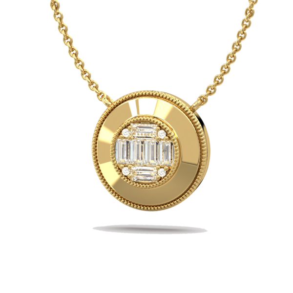 <a href="https://clartenewyork.com/collections/gatsby " target="_blank">Gatsby Round Pendant</a>: Our 14-Karat yellow gold Gatsby Round Pendant with a hand milgrain border and Round illusion diamond center (1,399)