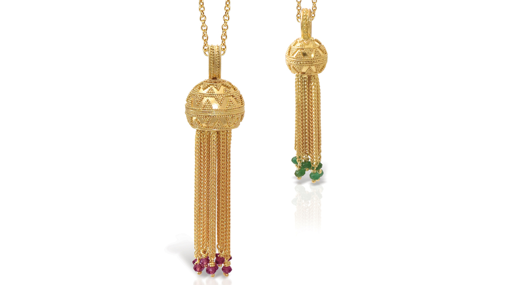 Lalaounis 18-karat yellow gold pendant with garnet ($4,470) and emerald ($2,430)