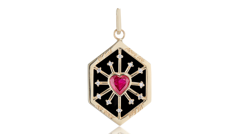 <a href="https://ashleyzhangjewelry.com/" target="_blank">Ashley Zhang</a>  enamel ruby heart love token with diamonds in 14-karat gold with black enamel ($1,500)