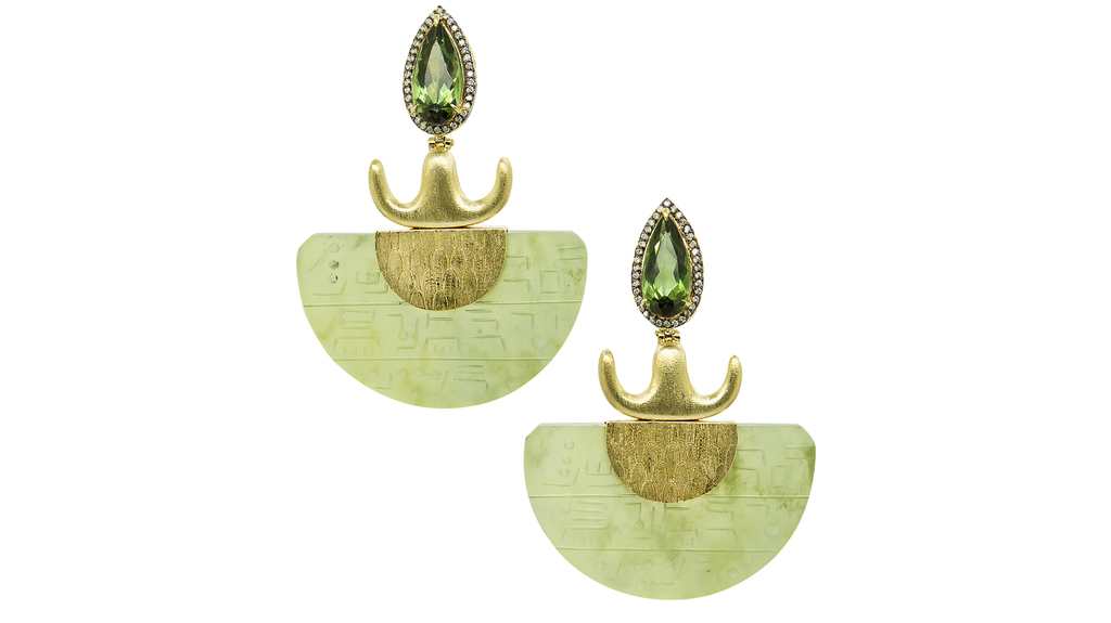 Silvia Furmanovich 18-karat yellow gold hand-painted wood earrings with tourmalines and diamonds (price upon request)