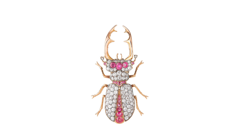 Boucheron made this stag beetle brooch in 1895 using diamonds, rubies and white and yellow gold. It has a removable pin on the back that allows it to be worn as a pendant or hair ornament as well. (Credit: © Boucheron)
