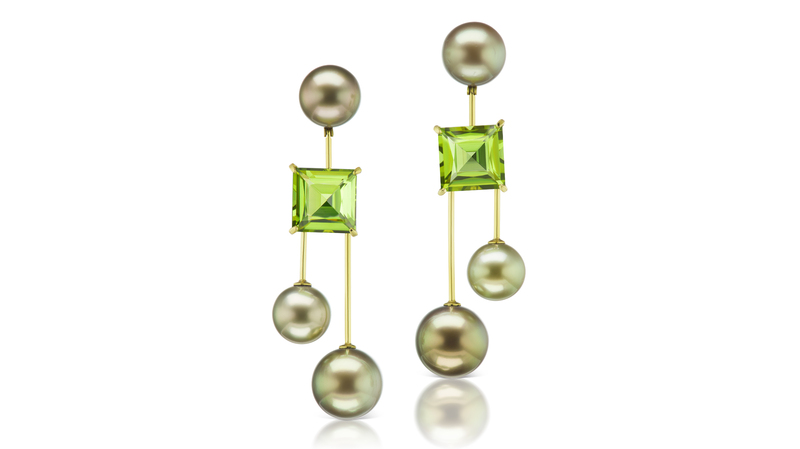 <a href="https://assael.com/" target="_blank"> Assael</a> “Modern Mobiles” earrings with peridot and Fijian cultured pearls set in 18-karat green gold ($24,000)