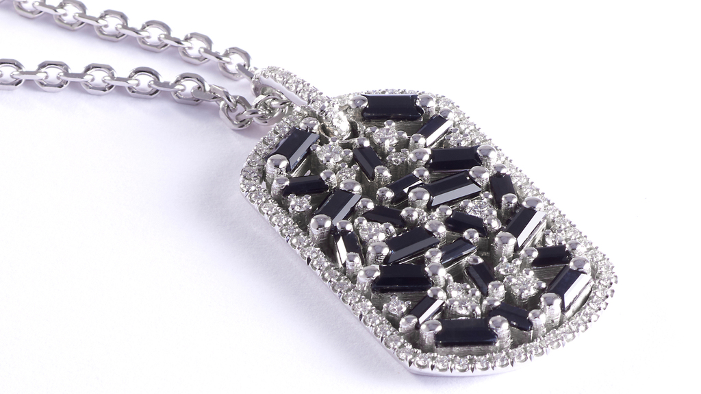 Suzanne Kalan 18-karat white gold pendant with black sapphires and white diamonds ($3,500)