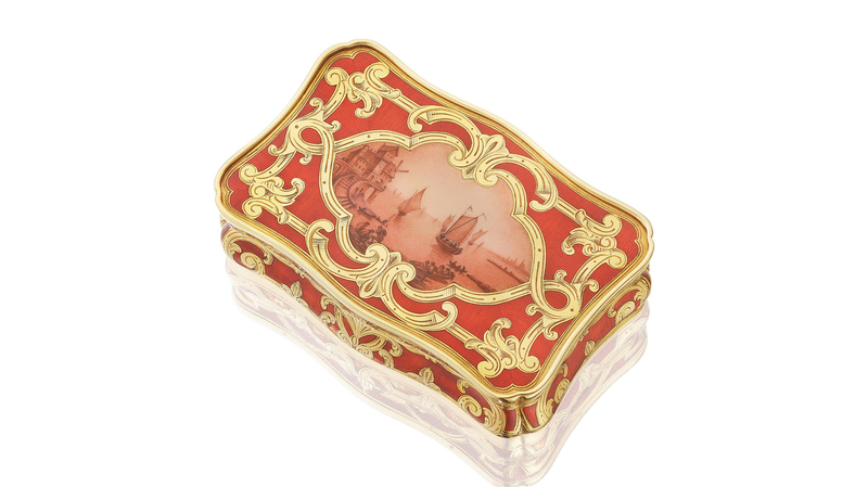 An 18-karat gold and enamel snuff box with French assay marks ($3,000-$4,000)