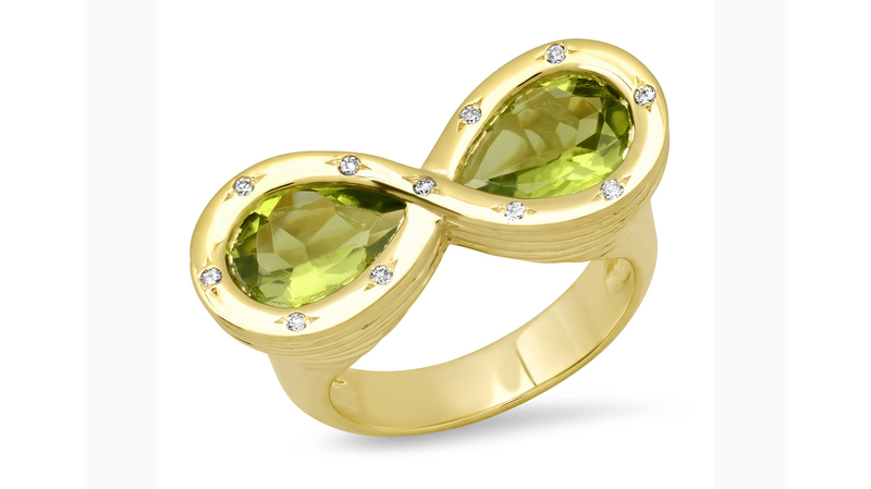 <a href="https://www.sigwardjewelry.com/products/copy-of-14k-yg-morganite-and-diamond-infinity-ring" target="_blank">Sig Ward</a> 14-karat yellow gold peridot and diamond infinity ring ($4,400)