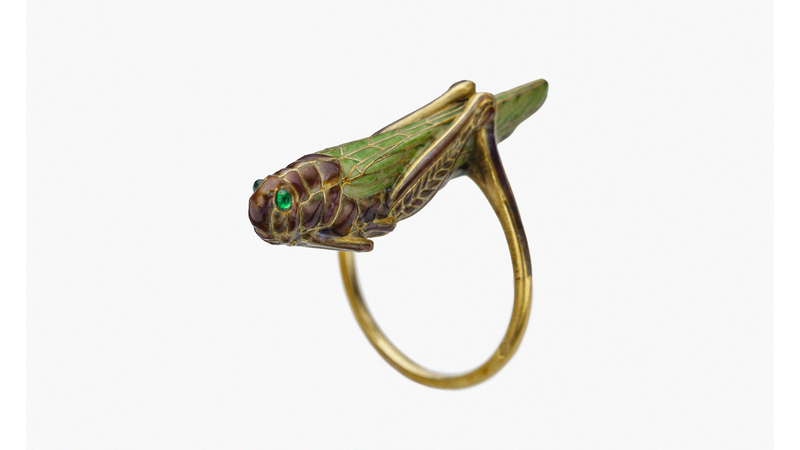 French goldsmith Lucien Gaillard, who crafted Art Nouveau-style jewelry, made this grasshopper ring around 1900. It is gold and enamel with cabochon emerald eyes. (Credit: Private collection, courtesy of Albion Art Jewellery Institute)