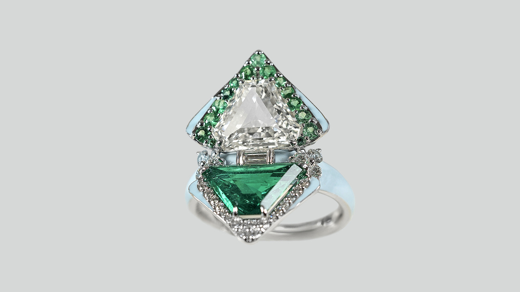 Kamyen Jewellery 18-karat white gold ring with diamonds, emeralds and blue enamel (price upon request)