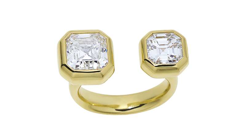 Some versions, like this Asscher-cut diamond ring, feature thick 18-gold bezel settings.