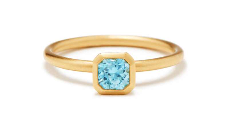 <a href="https://www.greenwichjewelers.com/products/blue-zircon-square-yum-drop-ring?_pos=2&_sid=fa89a0015&_ss=r" target="_blank">Greenwich St. Jewelers</a> blue zircon square Yum Drop ring set in 18-karat yellow gold ($875)