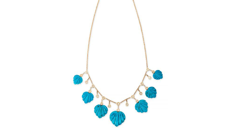 <a href="https://jacquieaiche.com/products/turquoise-deco-teardrop-diamond-shaker-necklace" target="_blank">Jacquie Aiche</a> turquoise Deco Teardrop Diamond Shaker necklace in 14-karat yellow gold ($4,500)