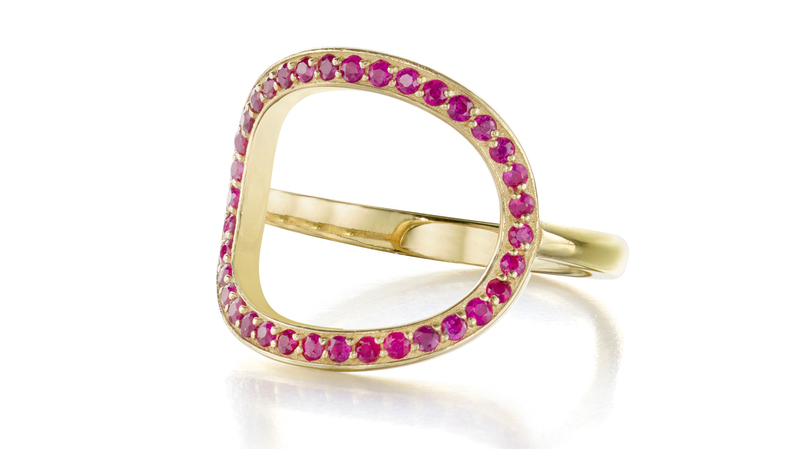 <a href="https://www.tarahirshberg.com/" target="_blank">Tara Hirshberg</a> 18-karat yellow gold ruby circle ring ($2,400)