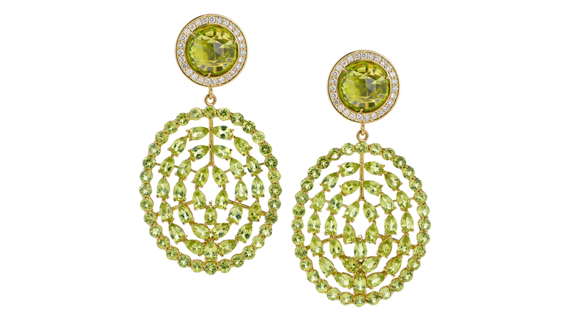 <a href="https://misahara.com/products/plima-2?_pos=9&_sid=0f00e709d&_ss=r" target="_blank">Misahara </a> “Plima Earrings” with pear-shaped and round faceted peridots and white diamonds set in 18-karat yellow gold ($12,000)