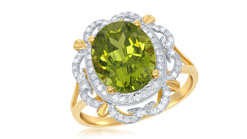 <a href="http://lalijewelry.com/" target="_blank"> Lali Jewels </a> 14-karat yellow gold and peridot ring with diamond accent ($3,750)