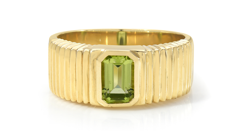 <a href="https://www.retrouvai.com/" target="_blank"> Retrouvai</a> “Pleated Solitaire Band” in 14-karat yellow gold with peridot ($1,900)
