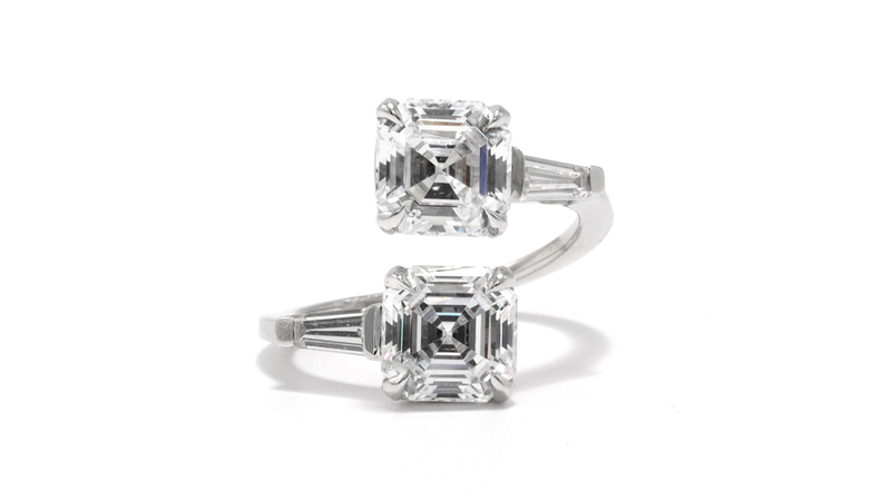 Ashley Zhang “Margaret” engagement ring in platinum with Asscher-cut diamonds (approximately 1 carat each) and tapered baguette diamonds (from $18,000)