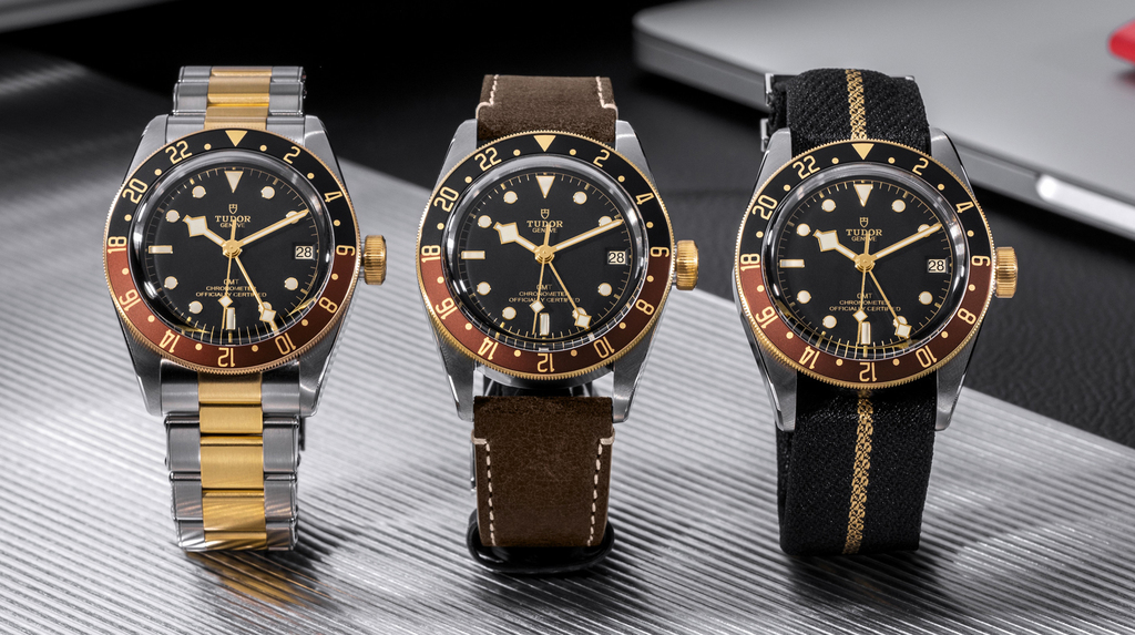 The Black Bay GMT S&G pictured on three bracelet options