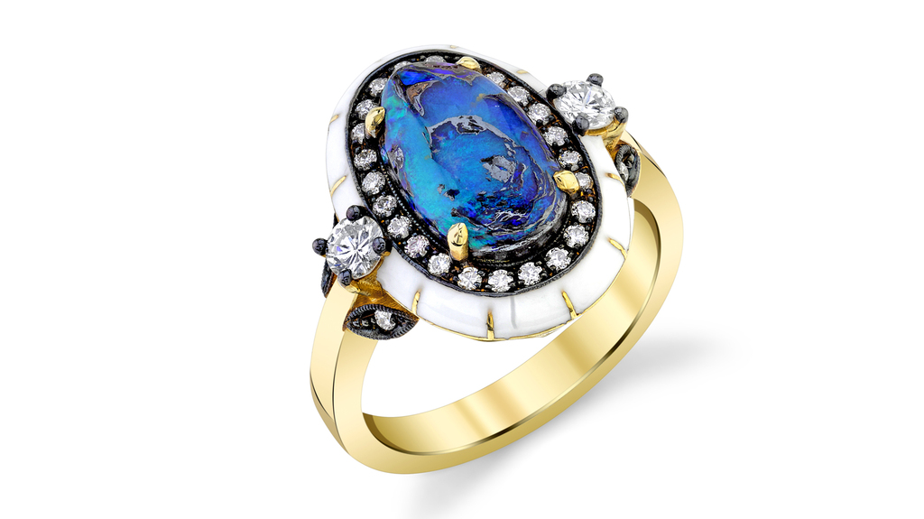 Lord Jewelry 18-karat yellow gold ring with 3.2-carat opal, 0.49 carats of diamonds, and enamel (price upon request)