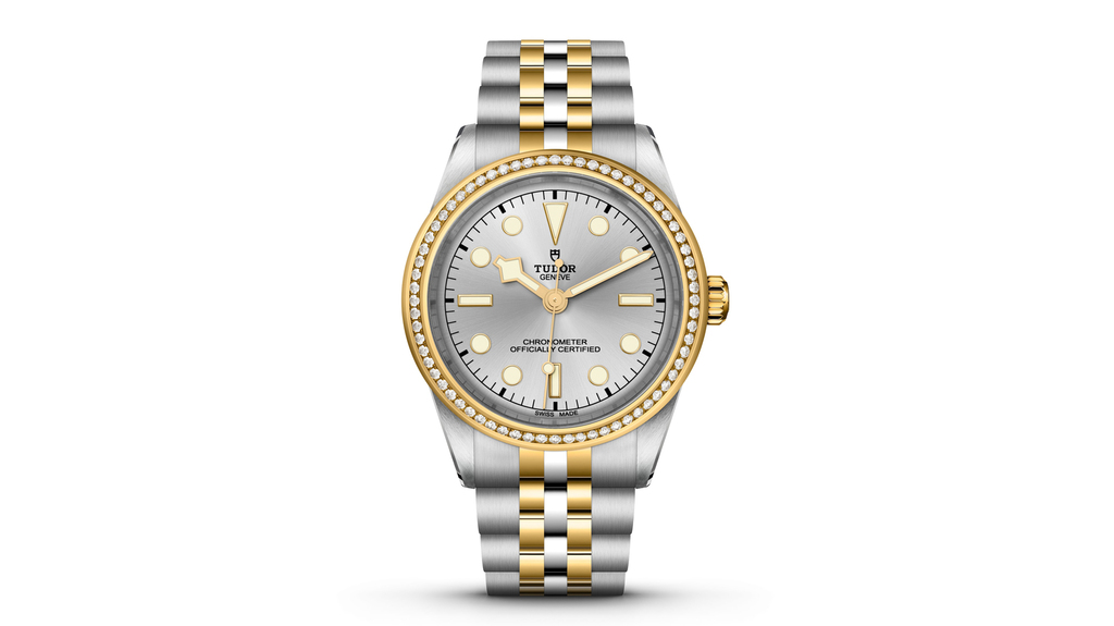 This version of the new Black Bay S&G has a steel and yellow gold case and bracelet, a silver dial, and a diamond bezel.